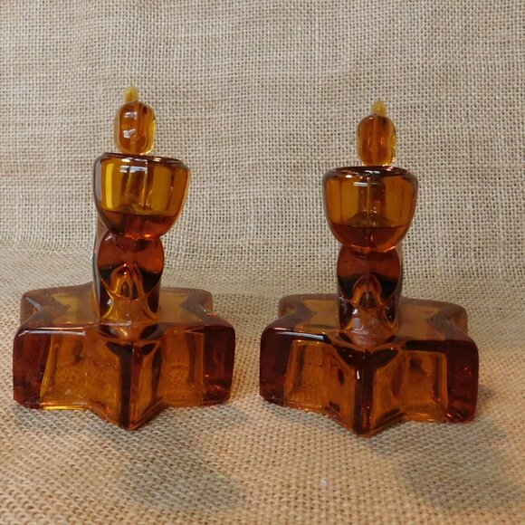 VTG L E Smith Amberina Gold Amber Angel Candle Holder Set Lot of 2 - Picture 2 of 8